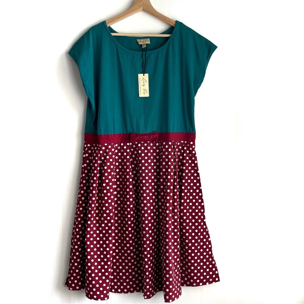 Lindy Bop Teal and Burgundy Polka Dot Fit-and-Flare Dress